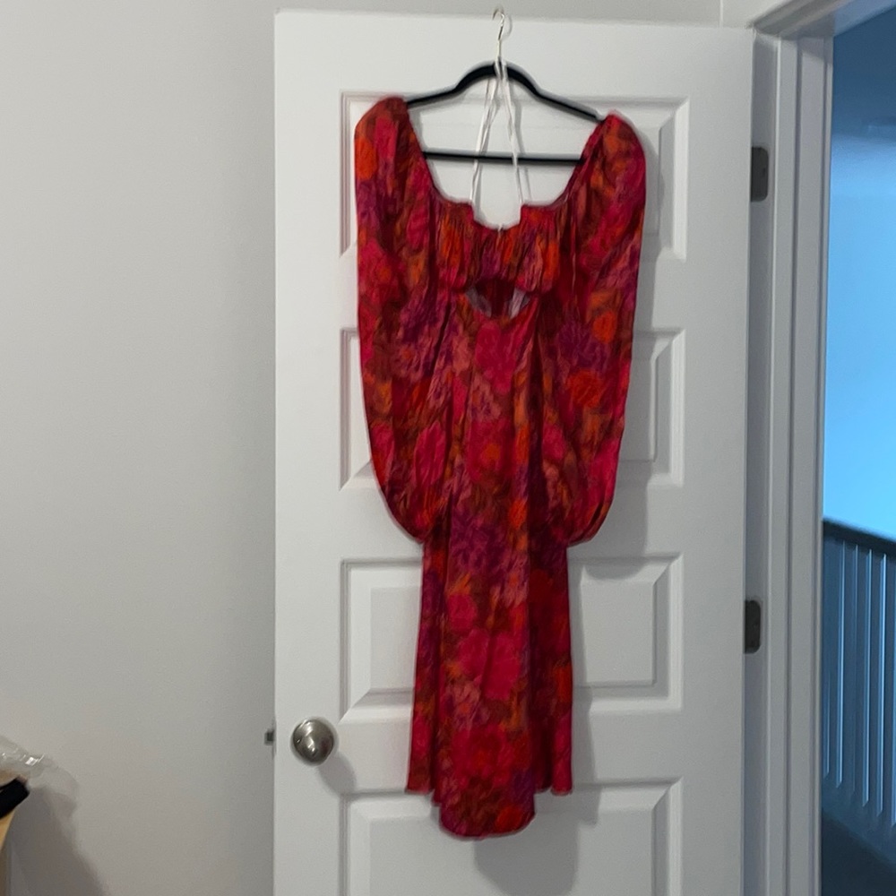 Red Floral Long Sleeve Midi Dress
